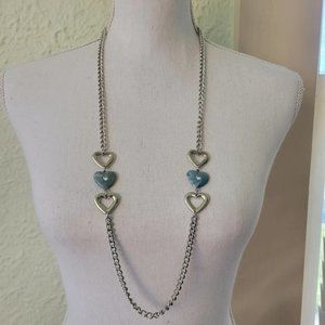 Long Necklace Blue Lucite Heart Silver  Tone 36" Jewelry